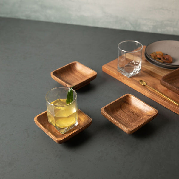 4.5" Square Acacia Wood Bowl, Natural - Set of 4