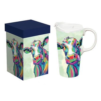 Colorful Cow Ceramic Perfect Travel Cup, 17oz., w/ Gift Box