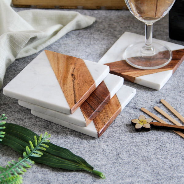 4" Square Marble & Acacia Wood Coaster - Set of 4
