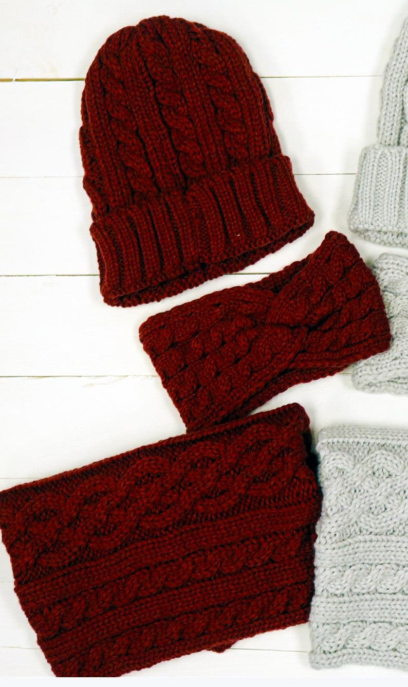 Cable Knit Hat, Scarf, Ear Warmer Set
