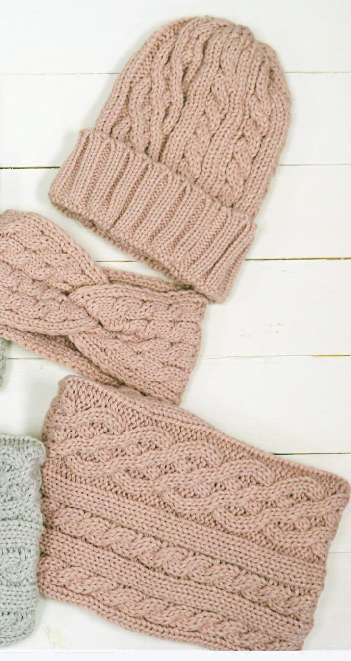 Cable Knit Hat, Scarf, Ear Warmer Set