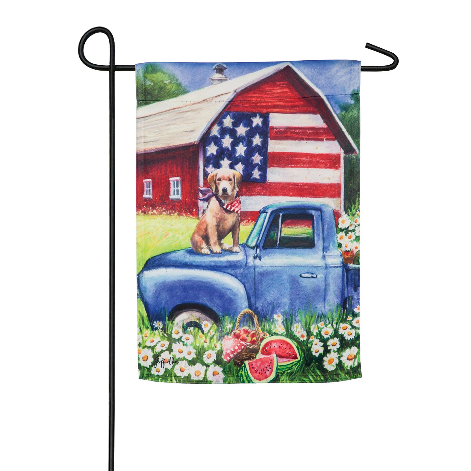 Patriotic Pup(golgen) in Red Truck Suede Garden Flag