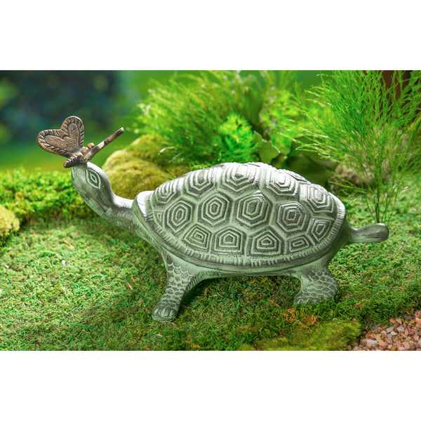 14"L Verdigris Metal Garden Statuary, Turtle and Butterfly