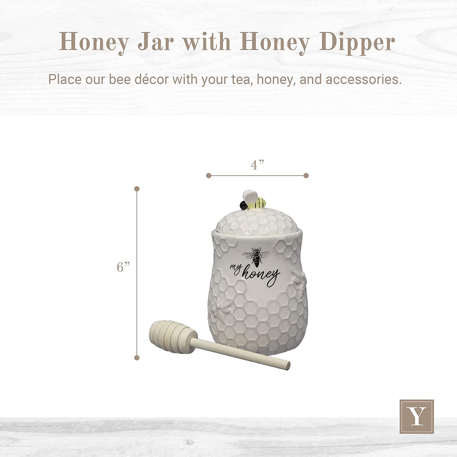 Ceramic Honey Jar with Wooden Honey Dipper