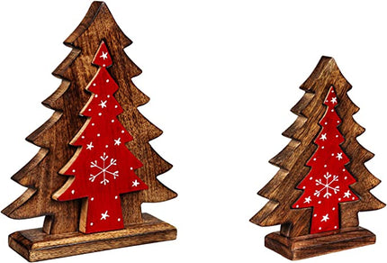 Wood Tree Table Decor with Snowflake Design Removeable Center, Set of 2