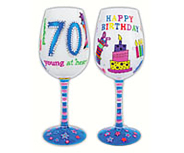 70th birthday wine glass Wine Glass Young at Heart-70th Birthday