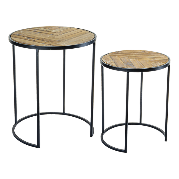 Reclaimed Wood Triangle Inlay Round Nested Table Set-2 Pieces