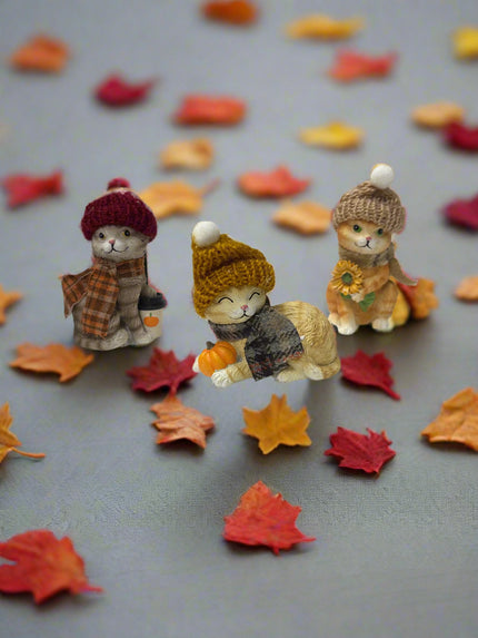 Fall Cat figurines with knitted hats