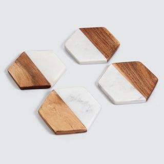 Hexagon Acacia Wood & Marble Coaster - Set of 4