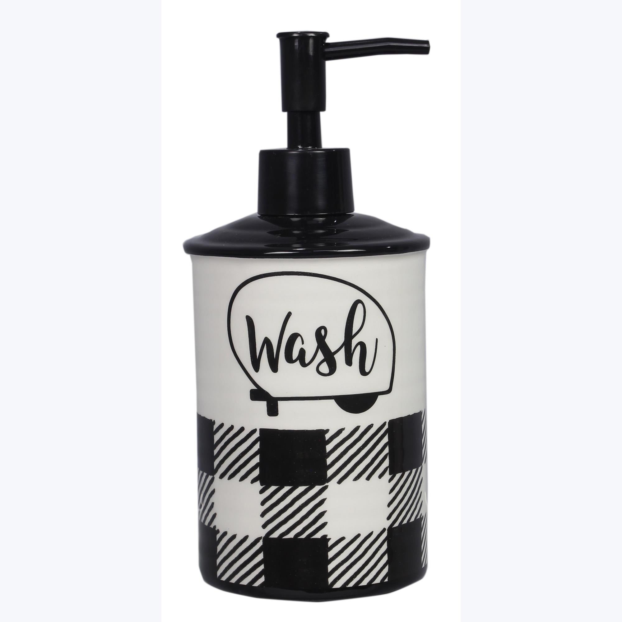 Happy Camper Ceramic Black and White Buffalo Plaid Soap Dispenser