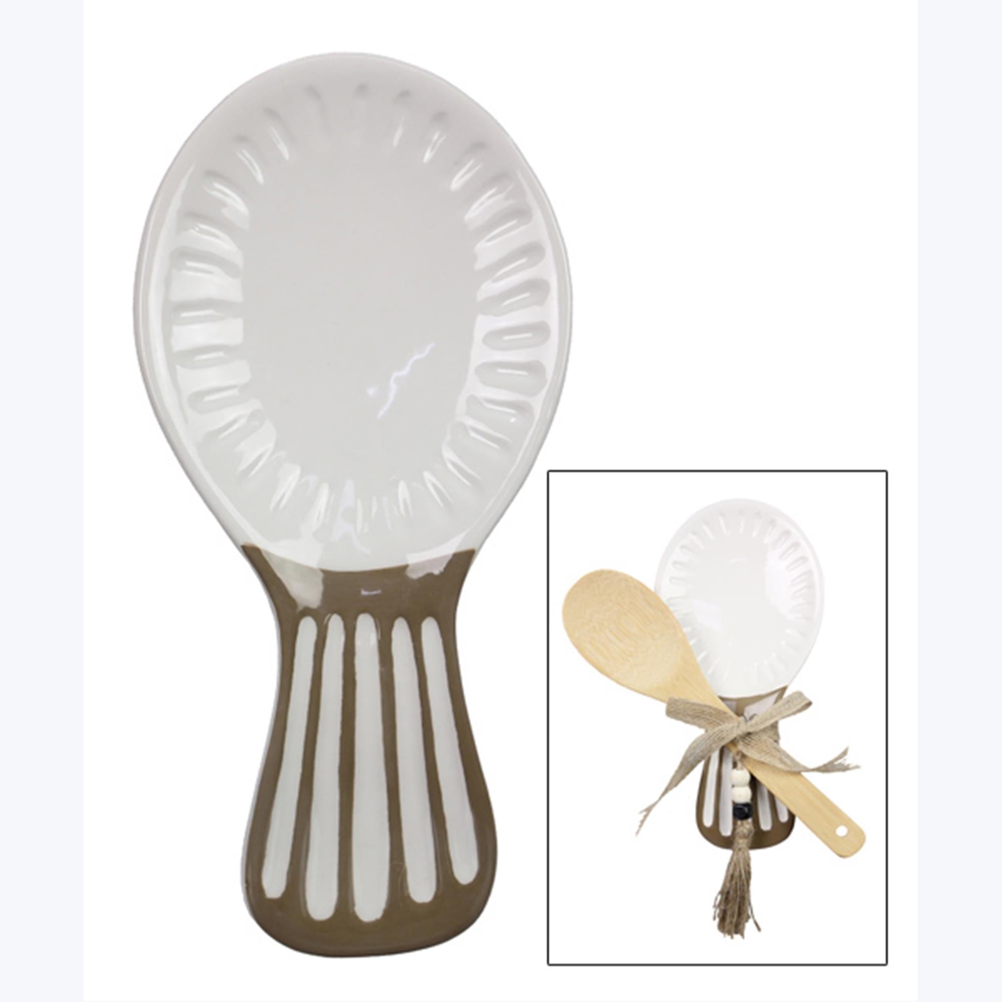 Ceramic Inspirational Home Spoon Rest w/ Wood Spoo