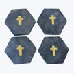 Marble Hexagon Coaster with Brass Cross Inlay Set of for