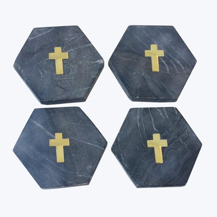 Marble Hexagon Coaster with Brass Cross Inlay Set of for