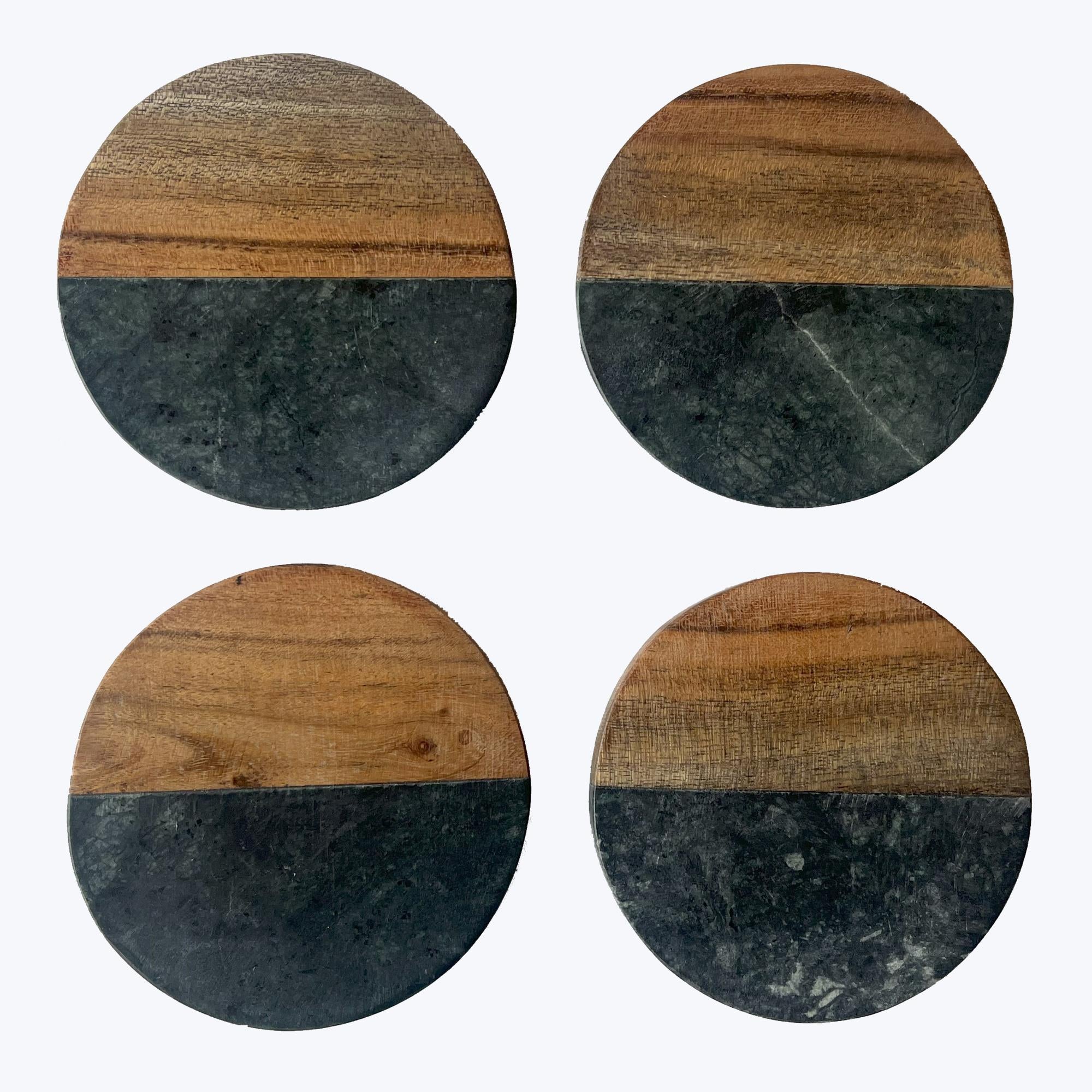 Green marble and wood coaster set of four
