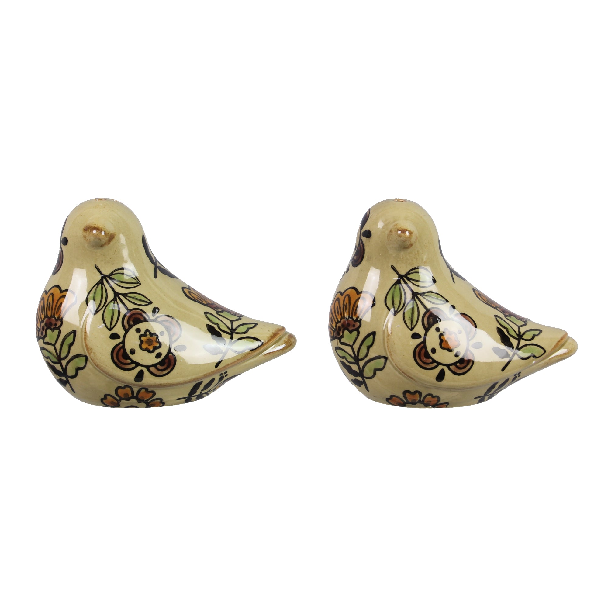 Stoneware Bird Salt & Pepper Set with Folk Art