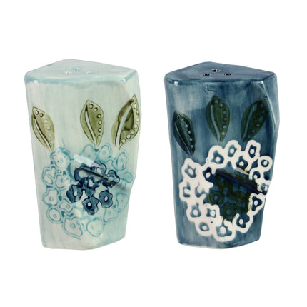 Stoneware Blue Salt & Pepper Set with Wax Resist Floral Design