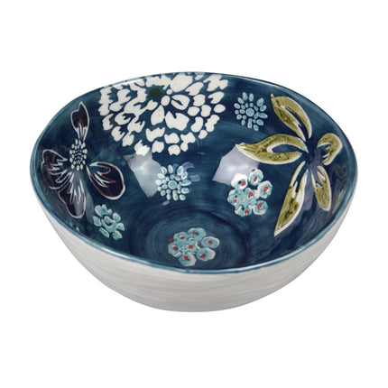 Stoneware Dark Blue Bowl 16oz with Wax Resist Floral Design