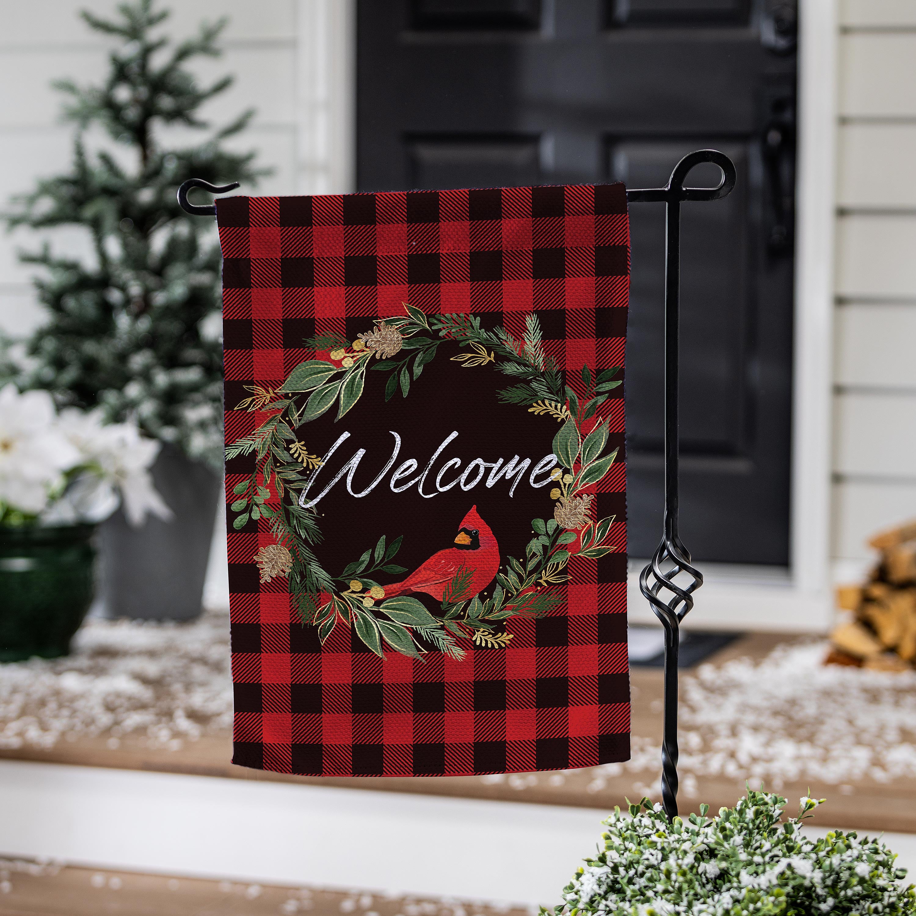 Welcoming Cardinal Wreath Burlap Garden Flag