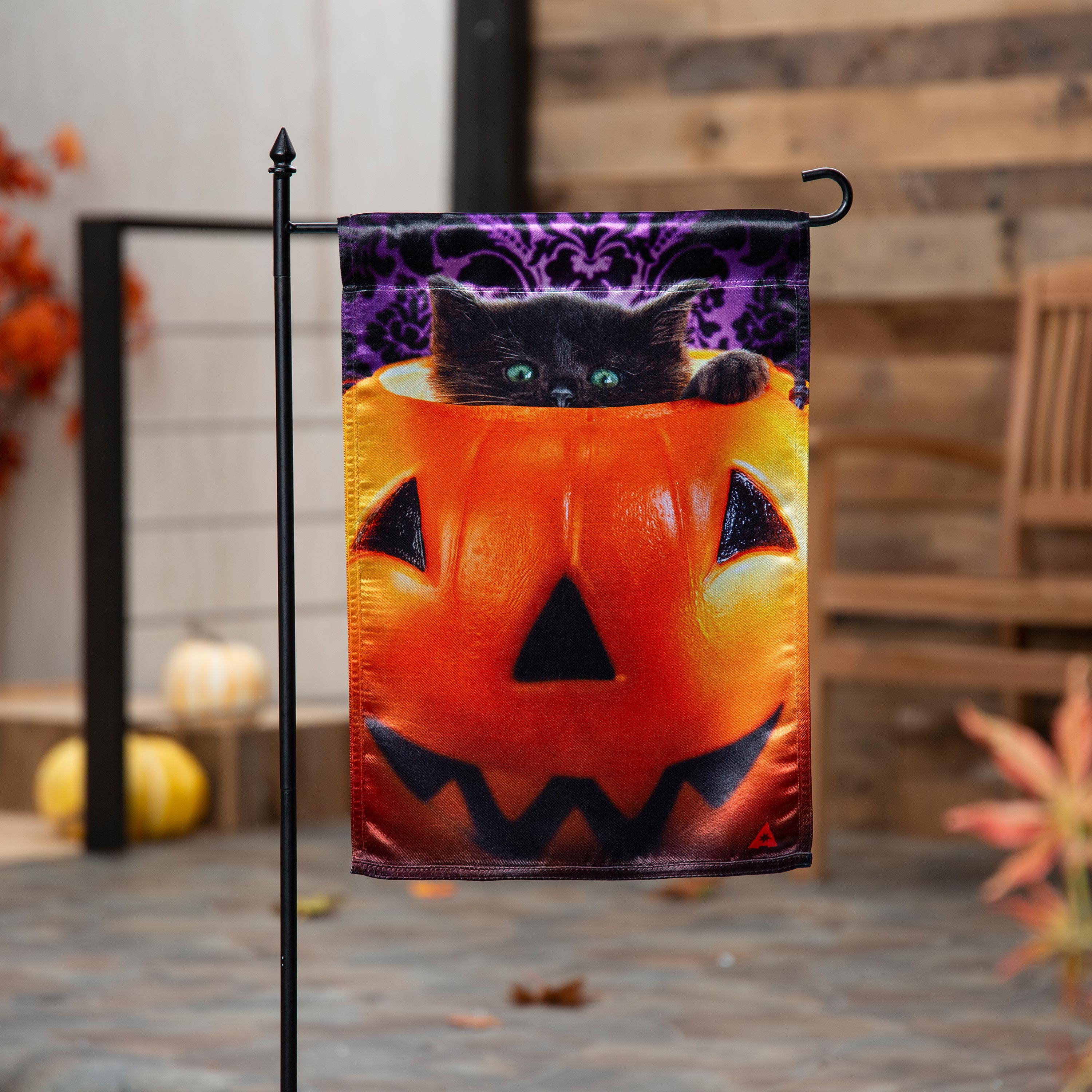 Kitten in Jack O'Lantern Pumpkin Bucket Lustre Garden Flag