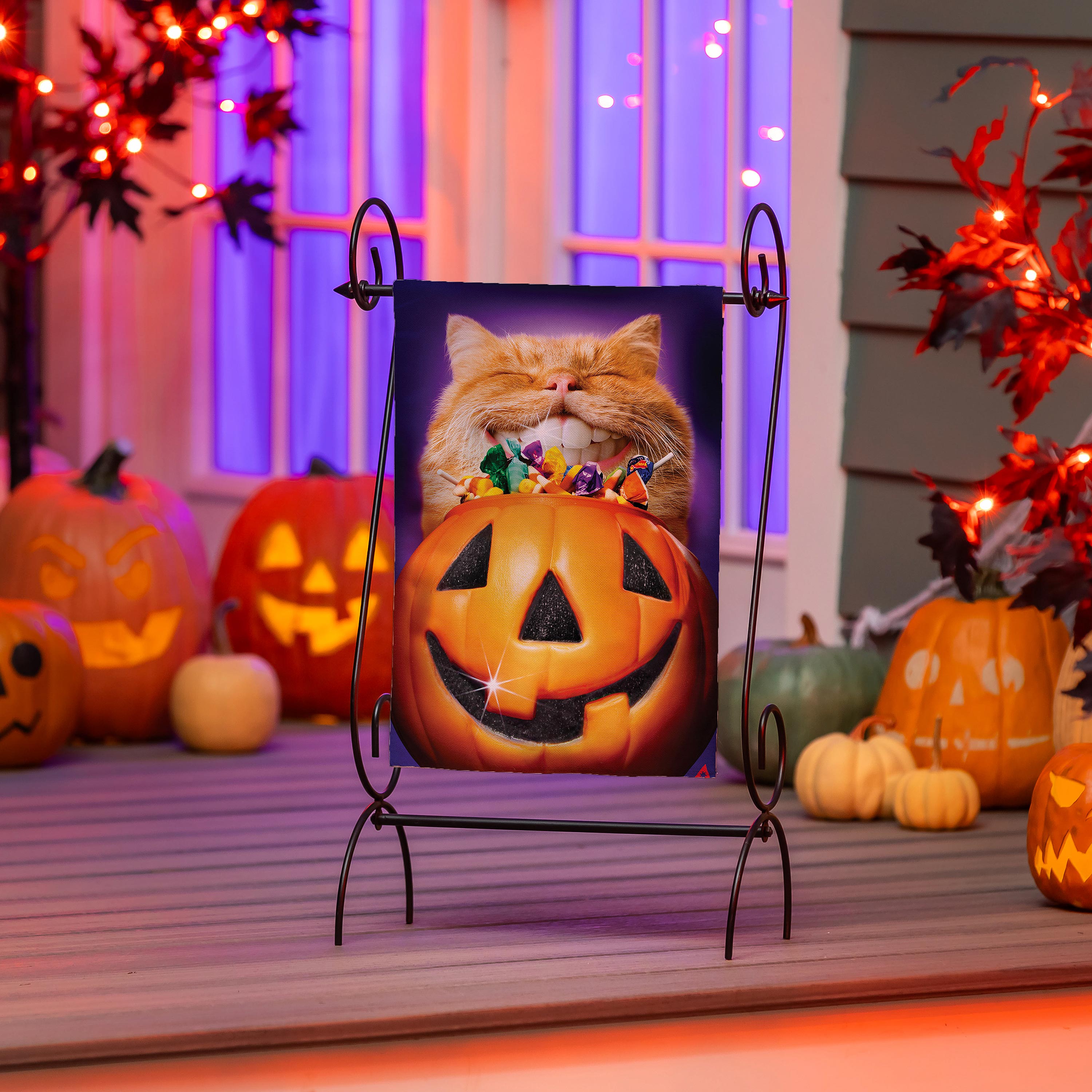 Cat Jack O'Lantern Pumpkin Teeth Suede Garden Flag