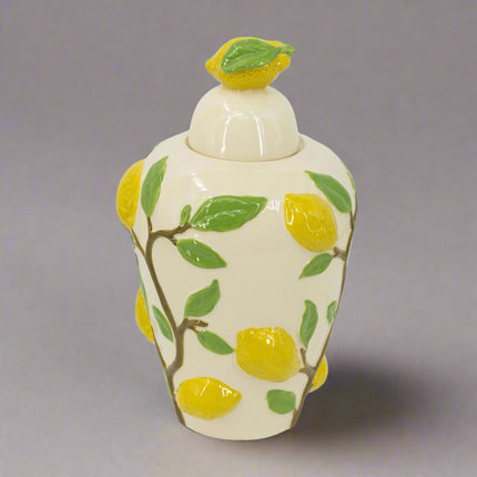 Ceramic Lidded Jar with Sculpted Lemon and Leaf Design