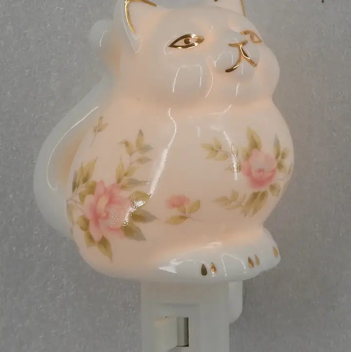 Porcelain Cat Night Light with Pink flowers