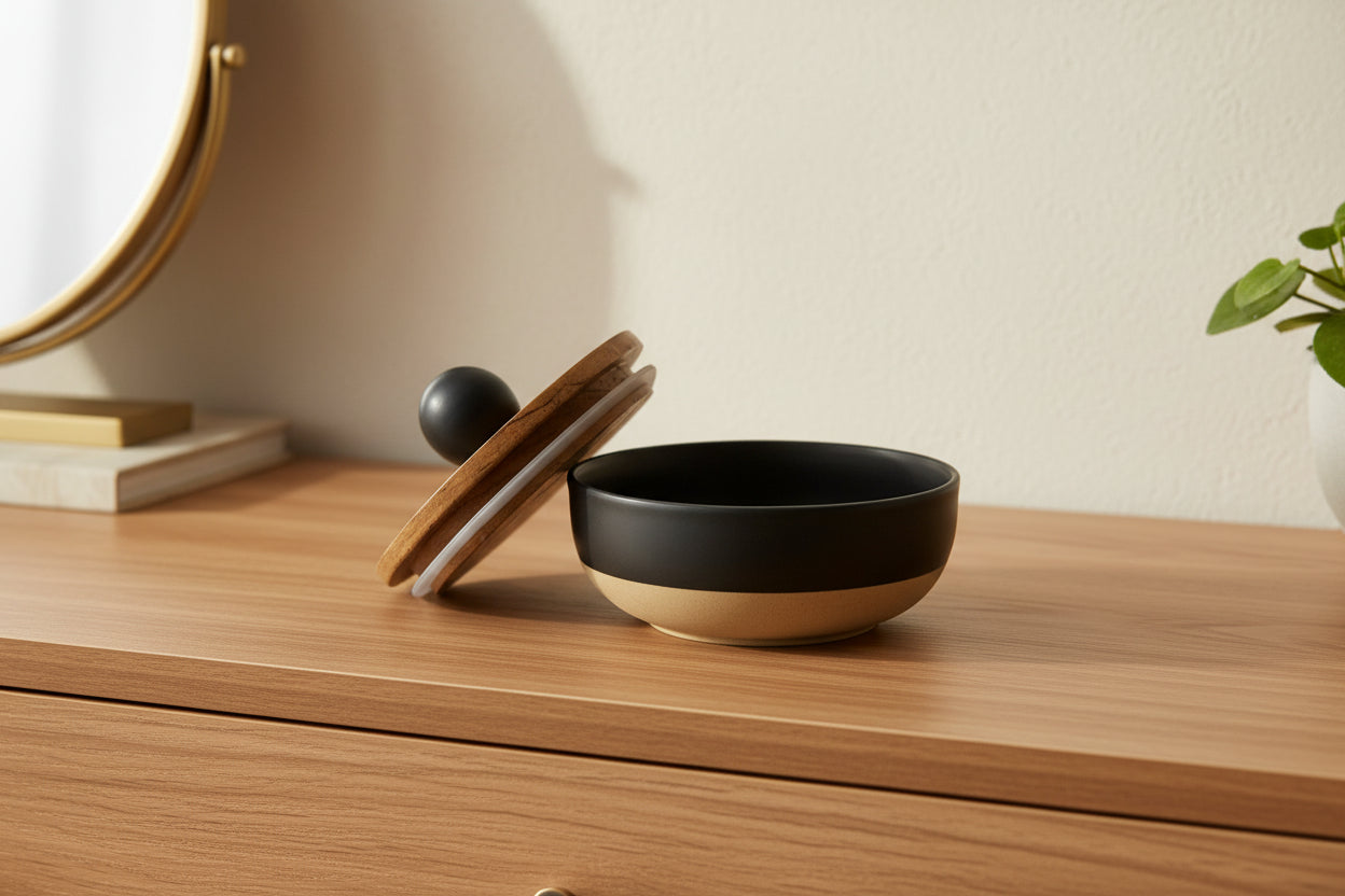Two Tone Ceramic bowl with a wooden lid