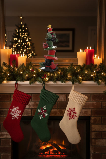 Cardinals sitting on a stack of Christmas Hats