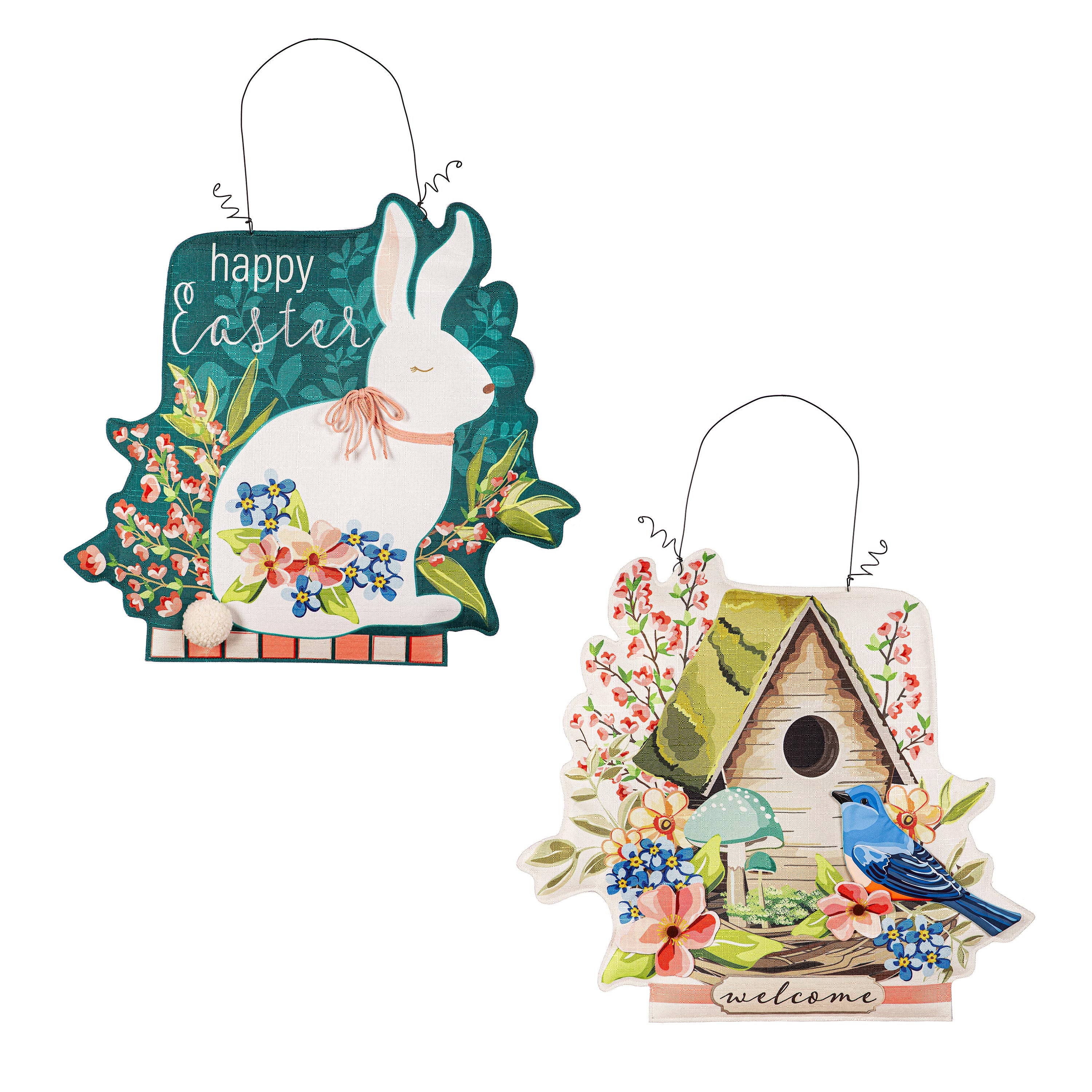 Spring Birdhouse Welcome/Easter Bunny with Floral Double Sided Estate Door Décor