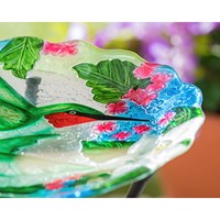 18"Hand Painted and Embossed Glass Shaped Bird Bath, Hummingbird Bouquets
