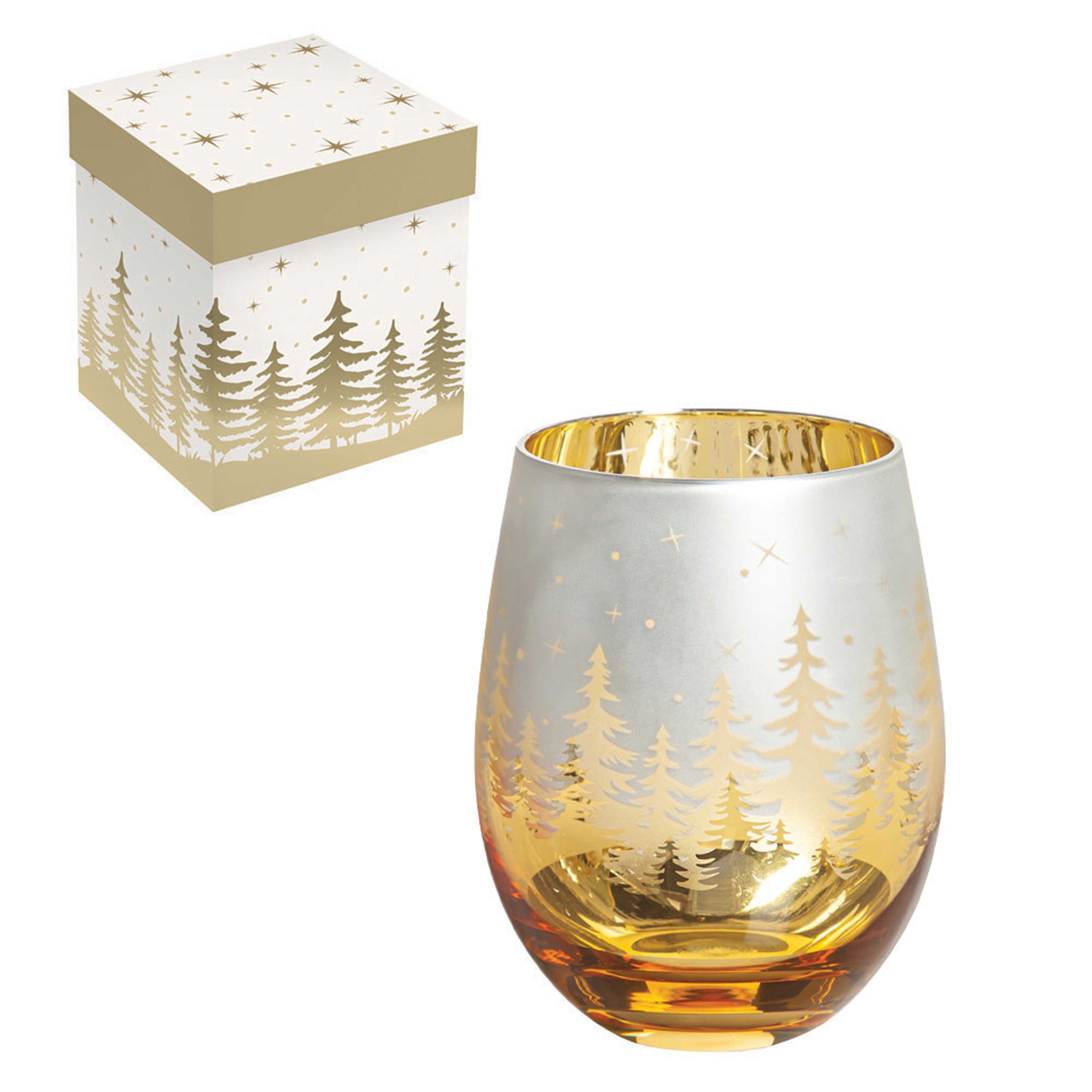 18 oz Stemless Glass with Gold Tree Ion Plating and Etched Decoration