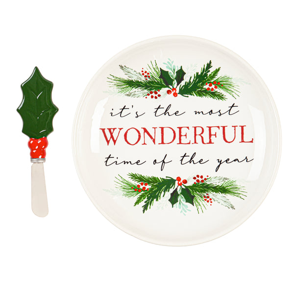 Holiday Homestead 8.5" Ceramic Cheese Plate & Spreader Set