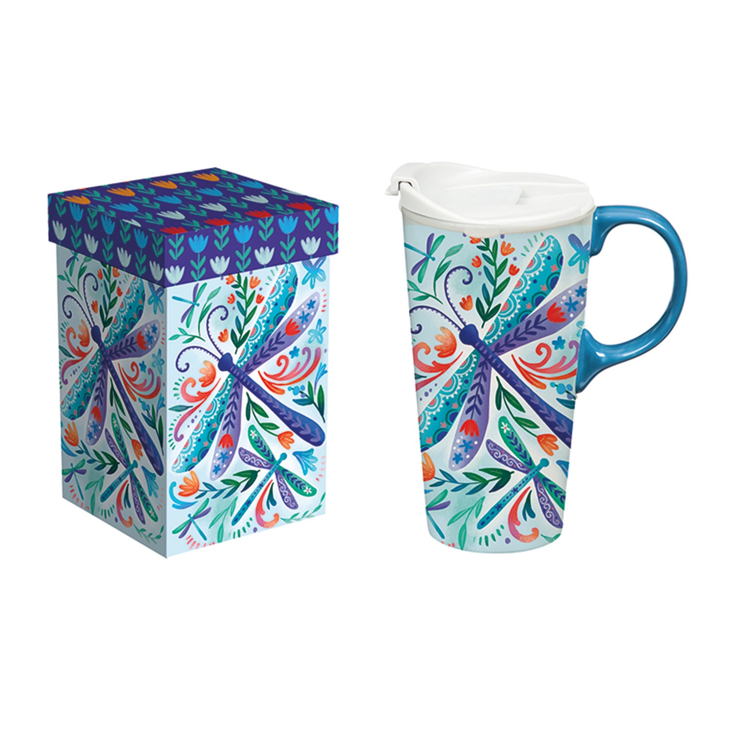 Floral Dragonfly Ceramic Perfect Travel Cup, 17 oz., w/ box