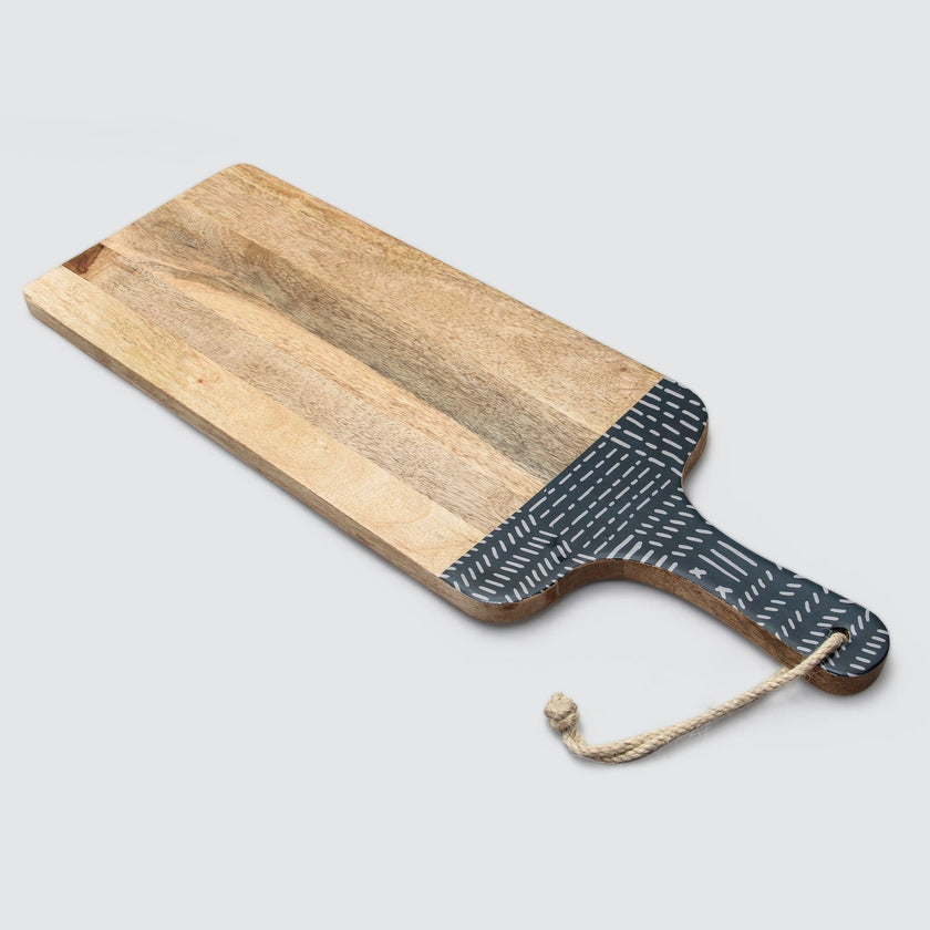 Mango Wood Serving Board with Enameled Handle, Natural & Blue