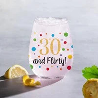 30 and flirty stemless wine glass