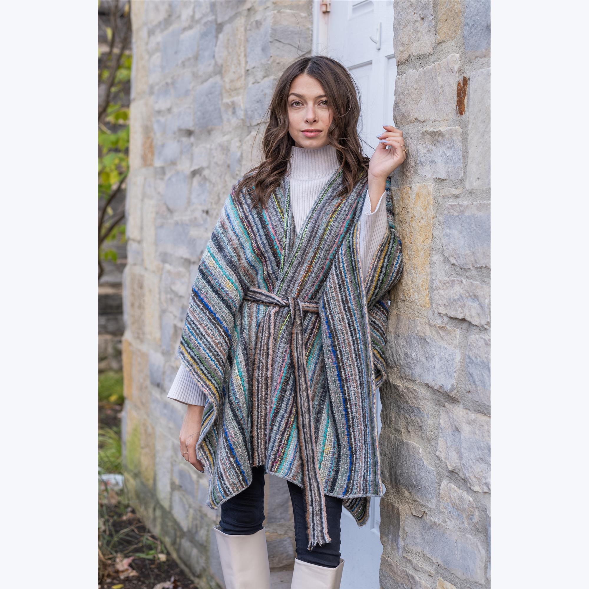 Variegated Knit Striped Poncho