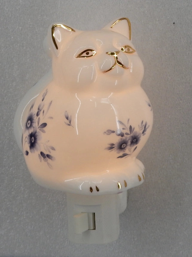 Porcelain Cat Night Light with Blue flowers