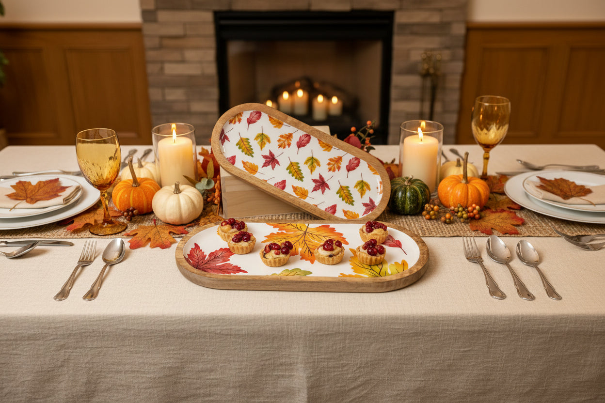Oval Mangowood Fall Leaves Serving Tray