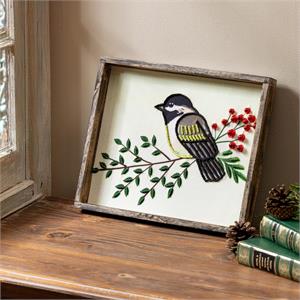 Textile Beaded Chickadee with Wooden Frame
