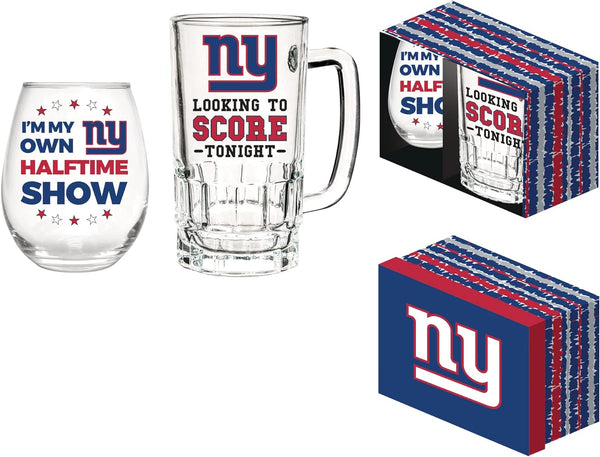 New York Giants, Stemless 17 OZ Wine Glass & Beer Mug 16 OZ Gift Set with Box
