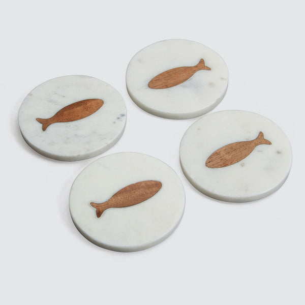 4" Round Marble & Mango Wood Fish Inlay Coasters - Set of 4