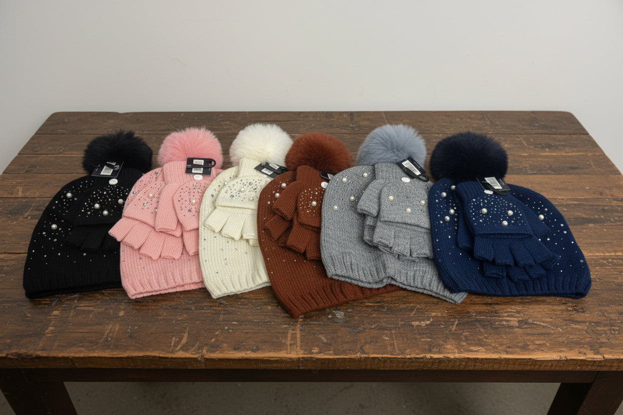Bejeweled Knit Hat and Glove Set
