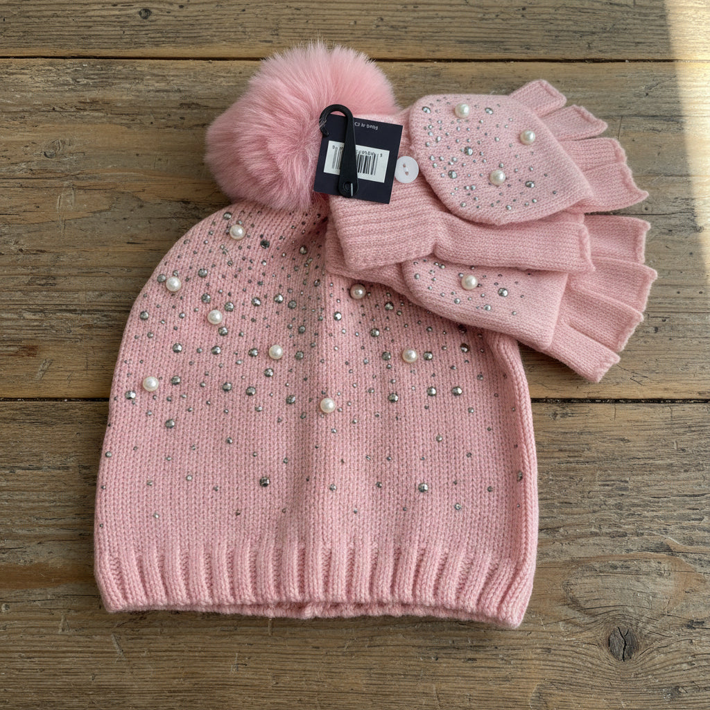 Bejeweled Knit Hat and Glove Set