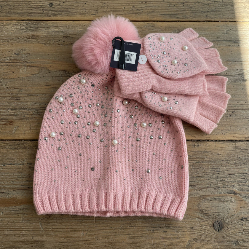 Bejeweled Knit Hat and Glove Set