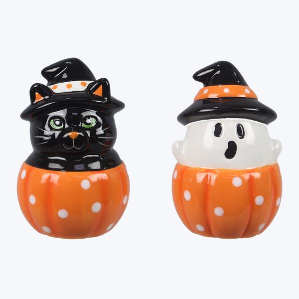 Ceramic Halloween Cat and Ghost Salt and Pepper Shaker Set