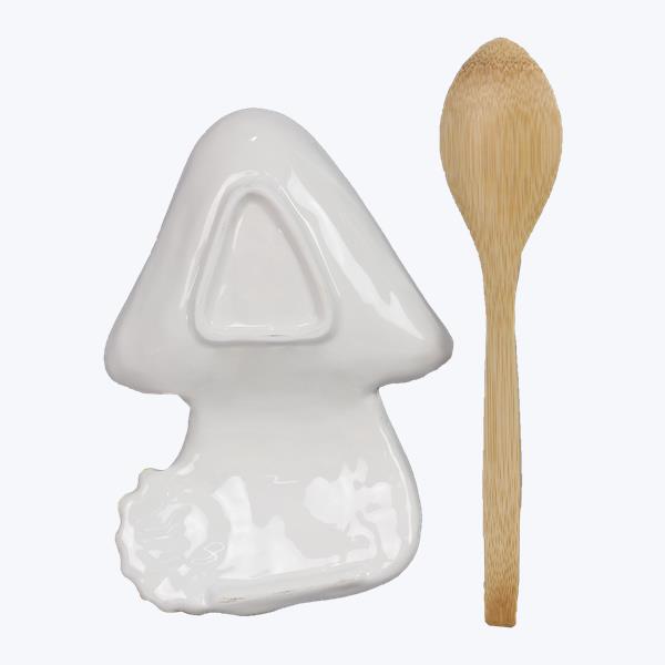 Ceramic Cottage Mushroom Spoon rest and Wooden Spoon Set