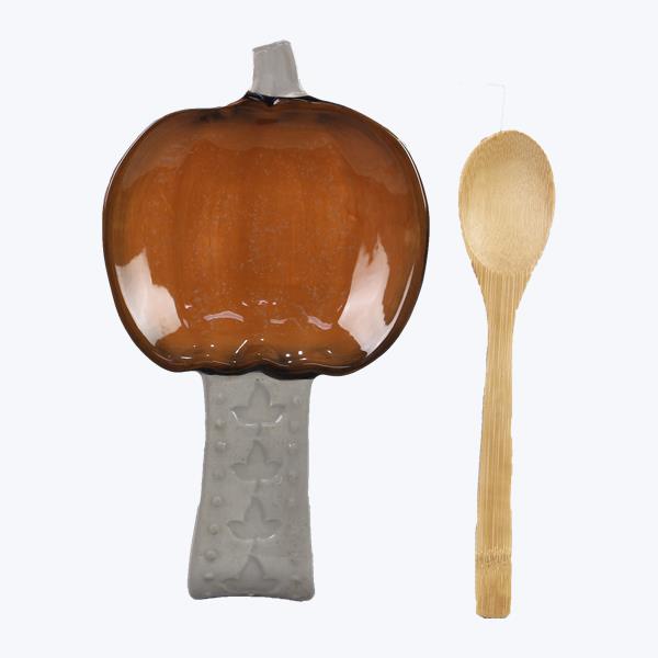 Ceramic Pumpkin Spoon Rest with Wood Spoon Set of 2 Gift Set