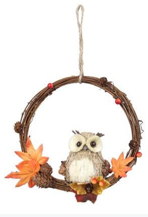 Straw Fabric Cozy Woodland Owl or Fox on Grapevine Wreath