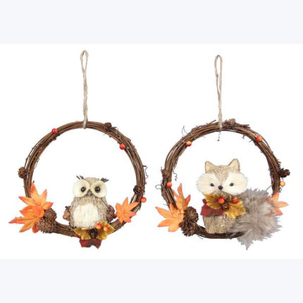 Straw Fabric Cozy Woodland Owl or Fox on Grapevine Wreath