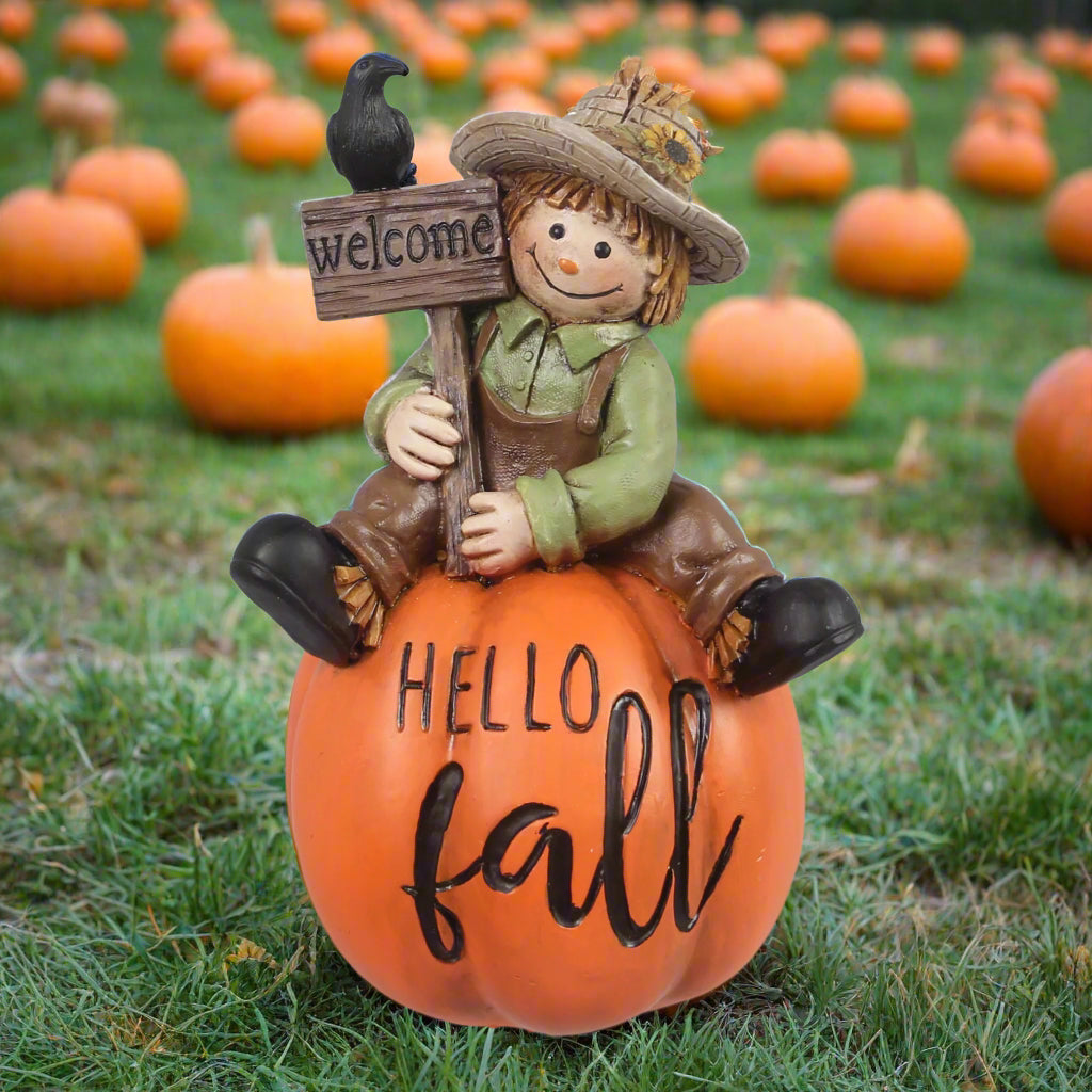 Resin Harvest Scarecrow on Pumpkin Figurine
